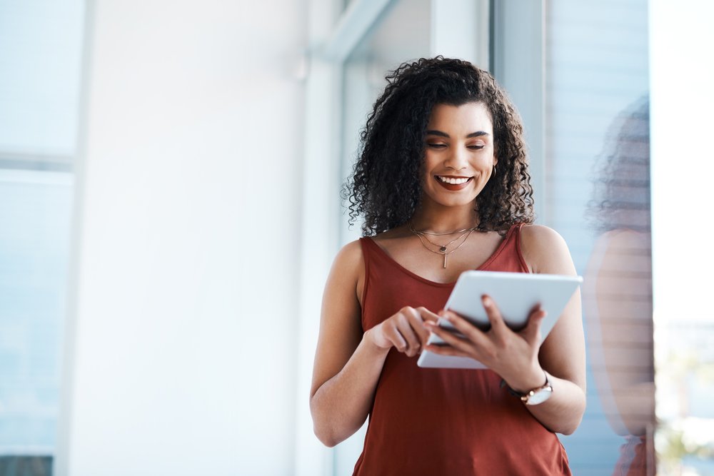business woman smiling solution iStock-1187815828